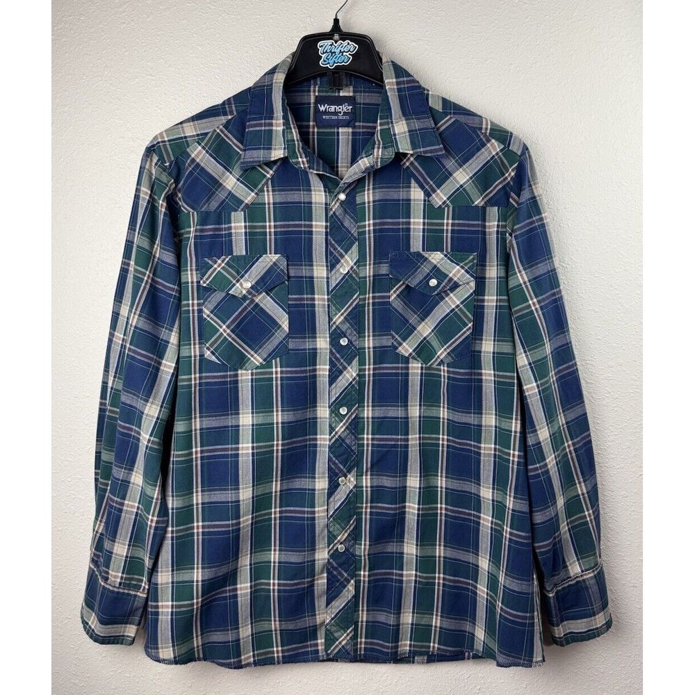 Wrangler Large Blue Green Plaid Western Long Sleeve Pearl Snap Button Shirt